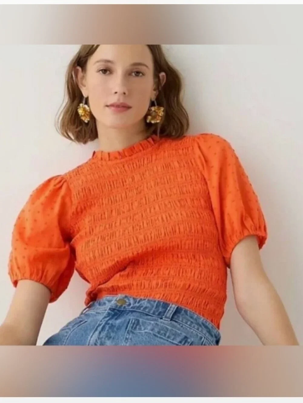 J. Crew Orange Smocked Puff-Sleeve Vibrant Cotton Blouse XS Euro Summer Casual